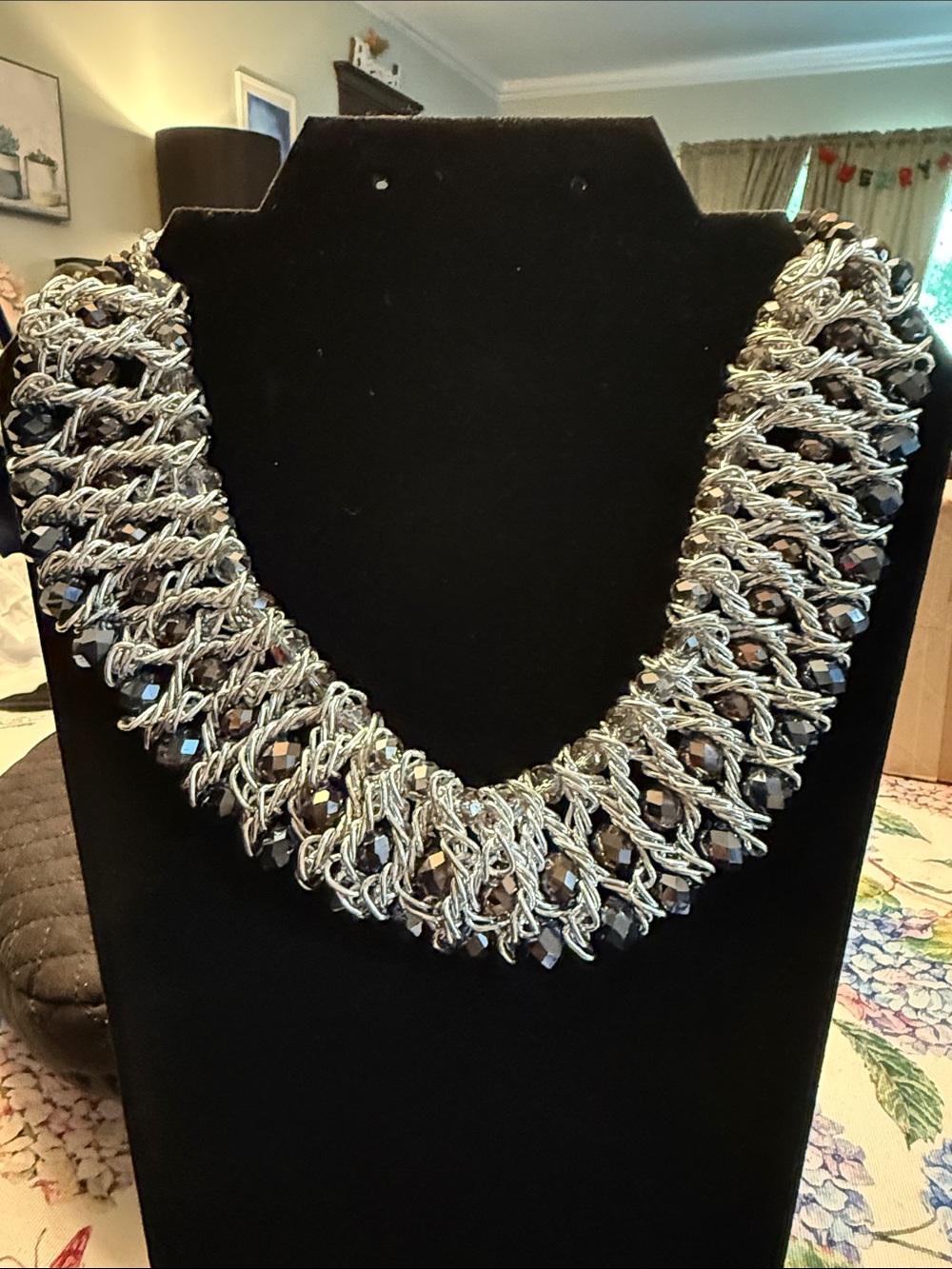 Handwoven Silver-Tone and Black Statement Necklace